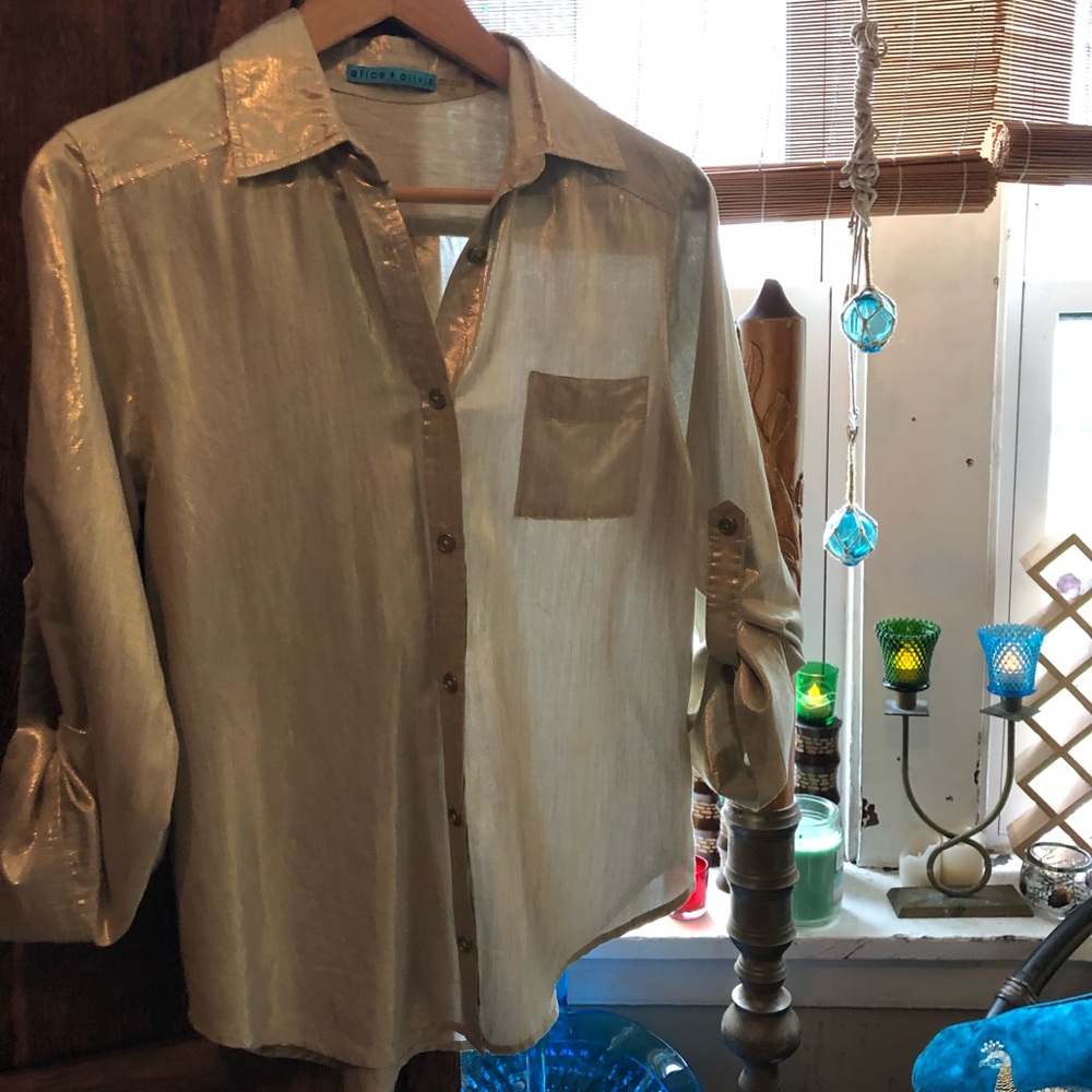 Alice + Olivia Gold size XS polyester-blend, button-down, semi-sheer blouse